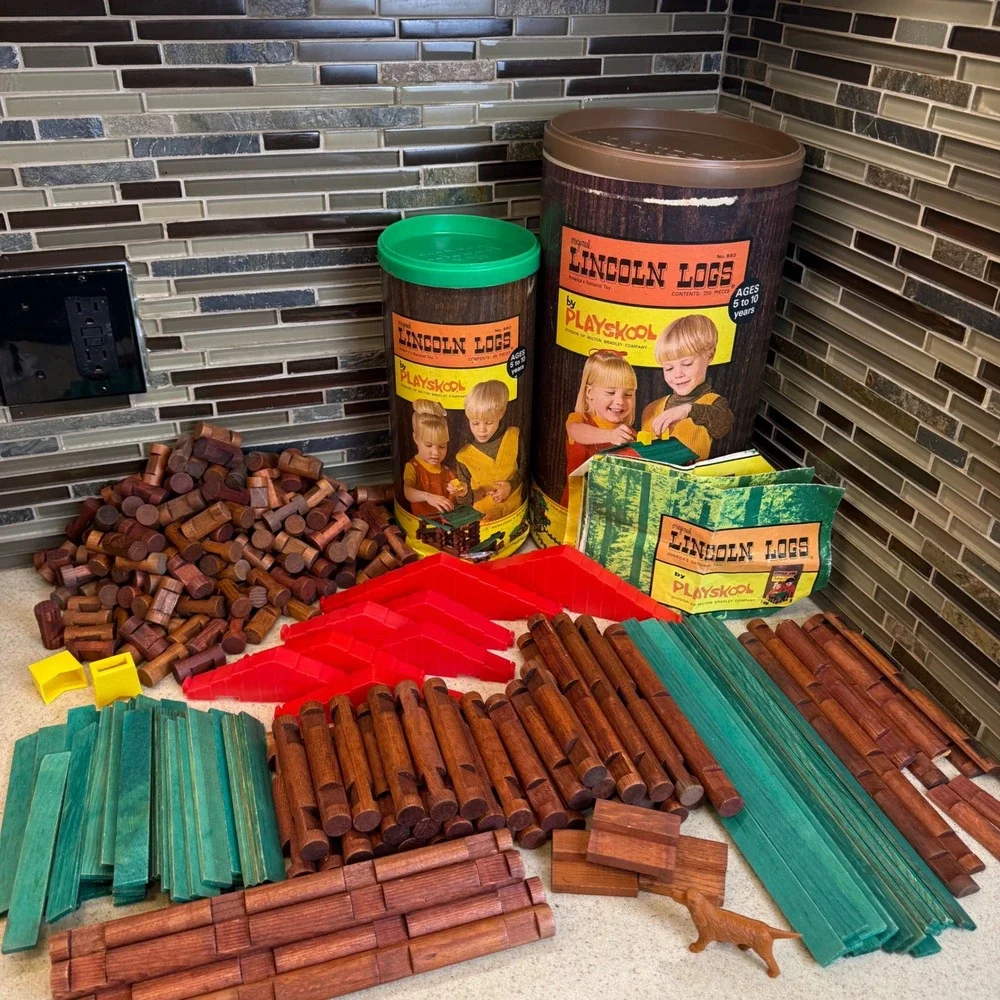VTG Playskool Lincoln Logs Wood Building Sets No #890 & #893 w/ Canisters 300pc